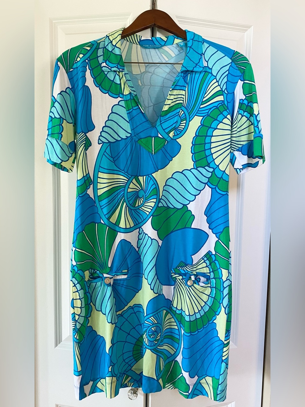 Tori Richard Honolulu Collared Shift Dress Buttoned Hip Pockets Seashells M